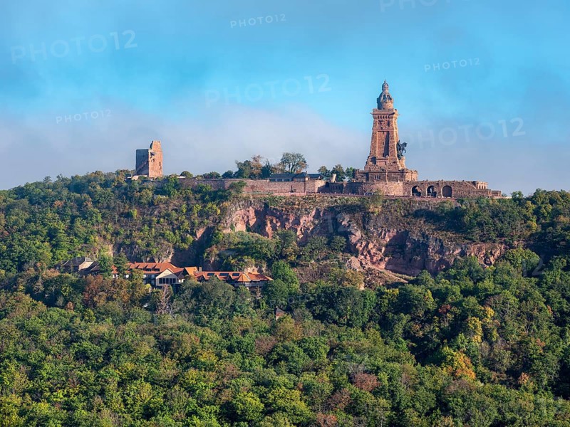 View of the Kyffhäuser Monument and the Kyffhausen Imperial Castle, near Bad Frankenhausen, Thuringia, Germany
