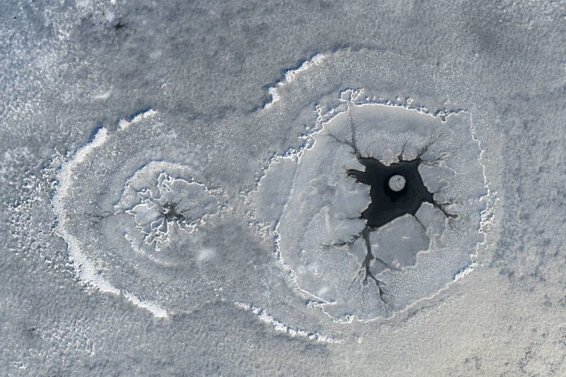 Steam holes, steam hole, lake, frozen, ice, hoarfrost, cold, winter, sunny, aerial view, foothills of the Alps, Bavaria, Germany