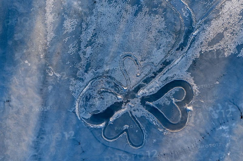 Lake, frozen, ice, heart, art, hoarfrost, cold, winter, sunny, aerial view, Riegsee, Murnau, foothills of the Alps, Bavaria, Germany