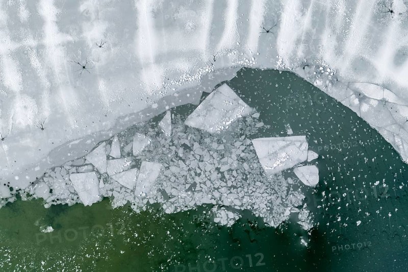 Ice floes, ice sheets, lake, frozen, ice, hoarfrost, cold, winter, sunny, aerial view, foothills of the Alps, Bavaria, Germany