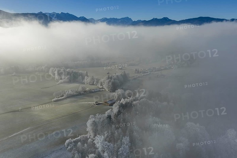 Winter landscape, fog, high fog, mountain landscape, hoarfrost, cold, trees, forest, winter, sunny, aerial view, view of Zugspitze, Laber, foothills of the Alps, Bavaria, Germany
