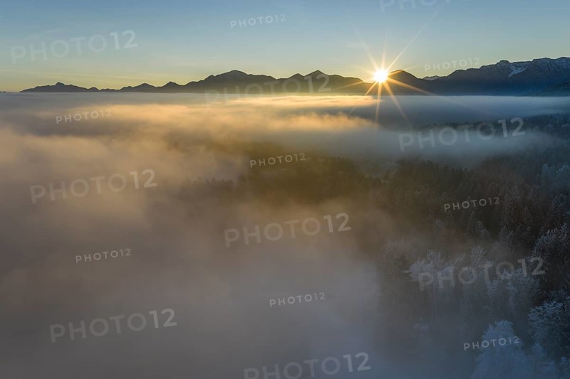 Sunrise, fog, high fog, mountain landscape, back light, hoarfrost, cold, winter, sunny, aerial view, view of Benediktenwand, Estergebirge, foothills of the Alps, Bavaria, Germany