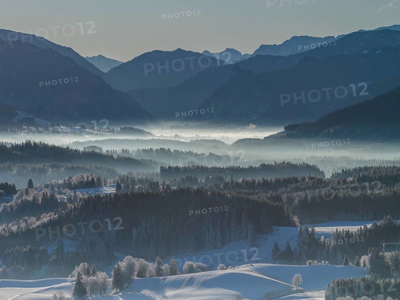 Winter landscape, fog, high fog, mountain landscape, back light, hoarfrost, cold, winter, sunny, aerial view, view of Ammergau Alps, foothills of the Alps, Bavaria, Germany