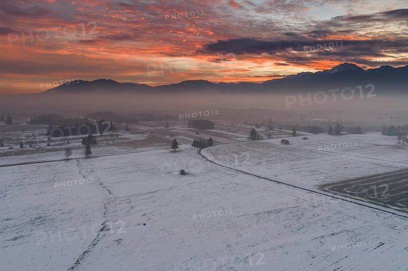 Morning atmosphere, dawn, clouds, sunrise, snow, cold, winter, aerial view, Loisach-Lake Kochel-Moore, view of Benediktenwand, foothills of the Alps, Bavaria, Germany