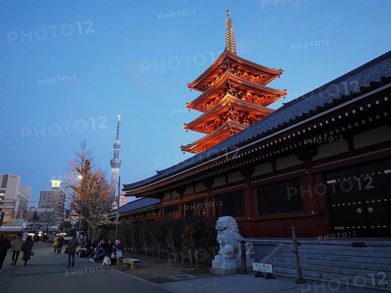 Illuminated pagoda in a temple complex at sunset, Sensoji Temple, Tokyo, Japan
