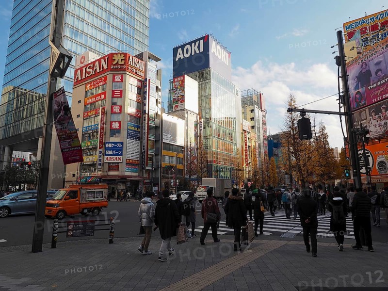 People cross a busy city street surrounded by modern buildings and commercials, Akihabara Electric Town, Tokyo, Japan