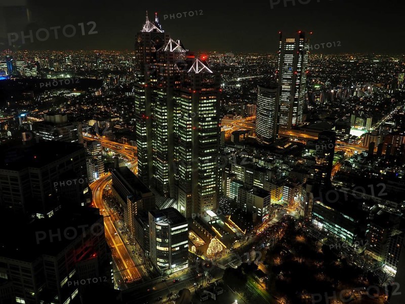 Night scene of an impressive cityscape with illuminated skyscrapers and bustling streets, Tokyo, Japan