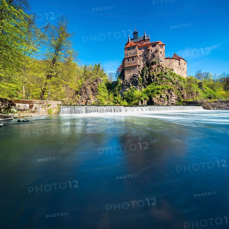 Kriebstein Castle near Mittweida across the Zschopau River with weir, Kriebstein, Saxony, Germany
