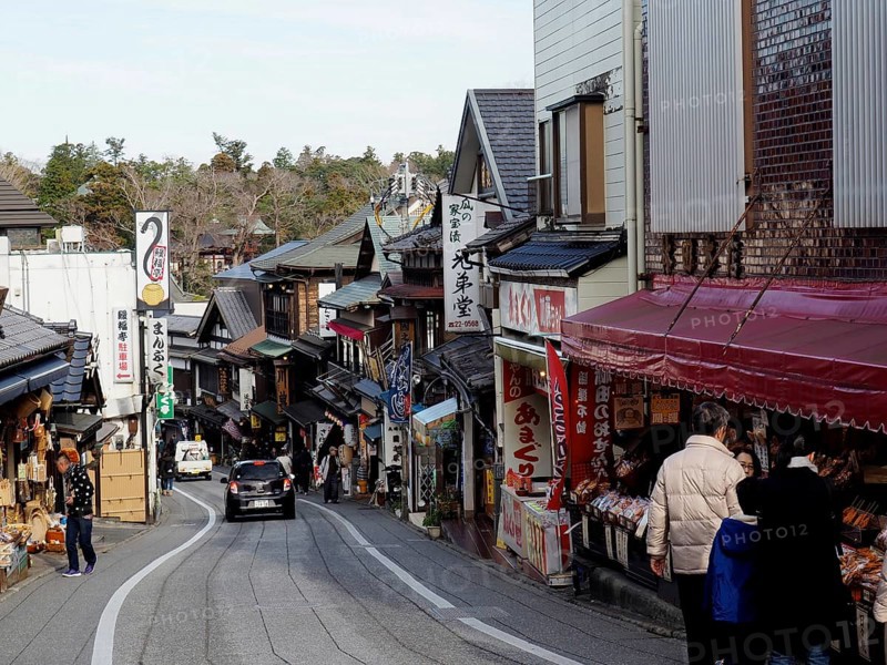 Busy street with traditional shops and pedestrians, Densha-michi street, Narita, Japan