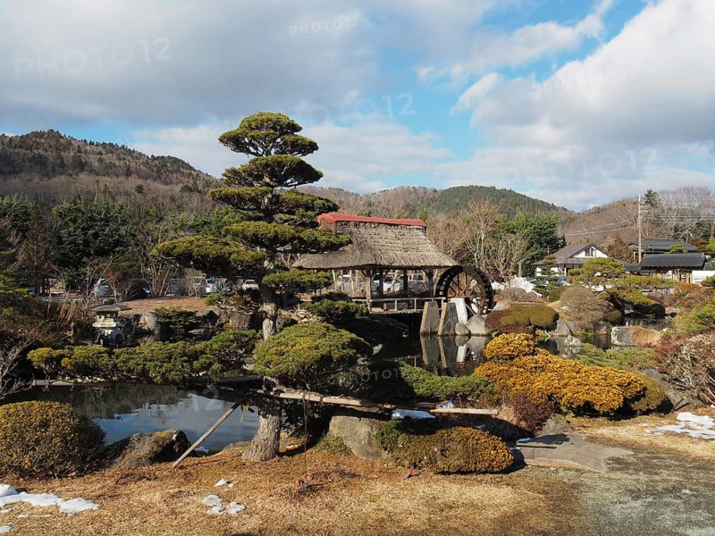 Japanese garden with traditional house and well-kept trees against mountain backdrop, Oshino Hakkai, Kawaguchiko, Japan