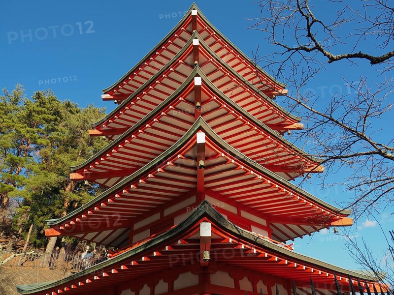 Close-up view of a multi-storey pagoda with blue sky in the background, Chureito Pagoda, Kawaguchiko, Japan