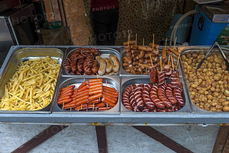 Typical Ukrainian sausage specialties at fast food, Lviv, Ukraine