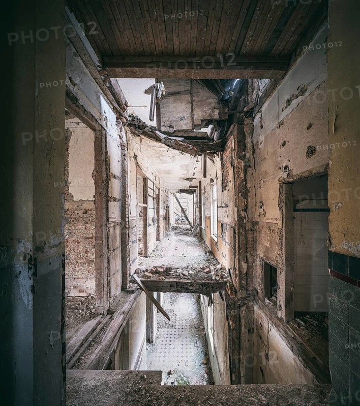 Long corridors and collapsed ceilings in a former sanatorium, Lost Place, Saxony-Anhalt, Germany