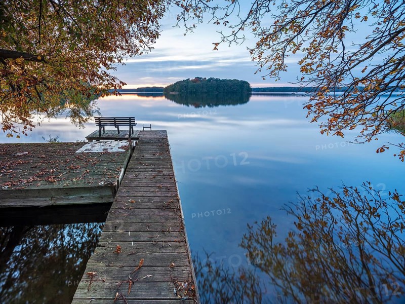 Quiet lake in autumn after sunset at dusk, colorful foliage lying on a jetty, Großer Lychensee, Lychen, Brandenburg, Germany