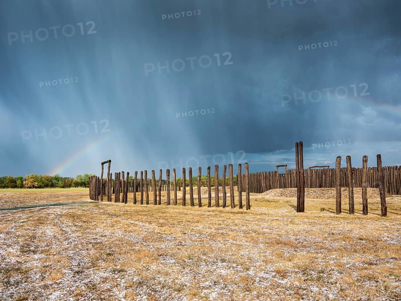 Hail showers and rainbows over the circular moat of Pömmelte, ritual site from the 3rd millennium BC, Saxony-Anhalt, Germany