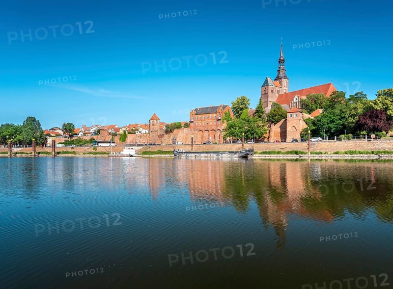 View across the Elbe harbor to the old town with St. Stephen's church and city wall, brick architecture, Tangermünde, Altmark, Saxony-Anhalt, Germany