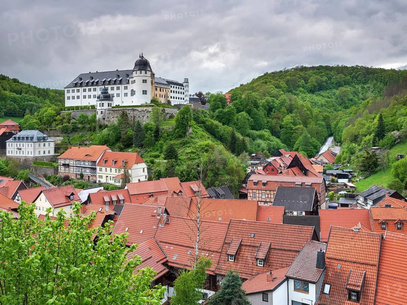 View of Stolberg with the castle and half-timbered houses of the historic old town, Stolberg im Harz, Saxony-Anhalt, Germany