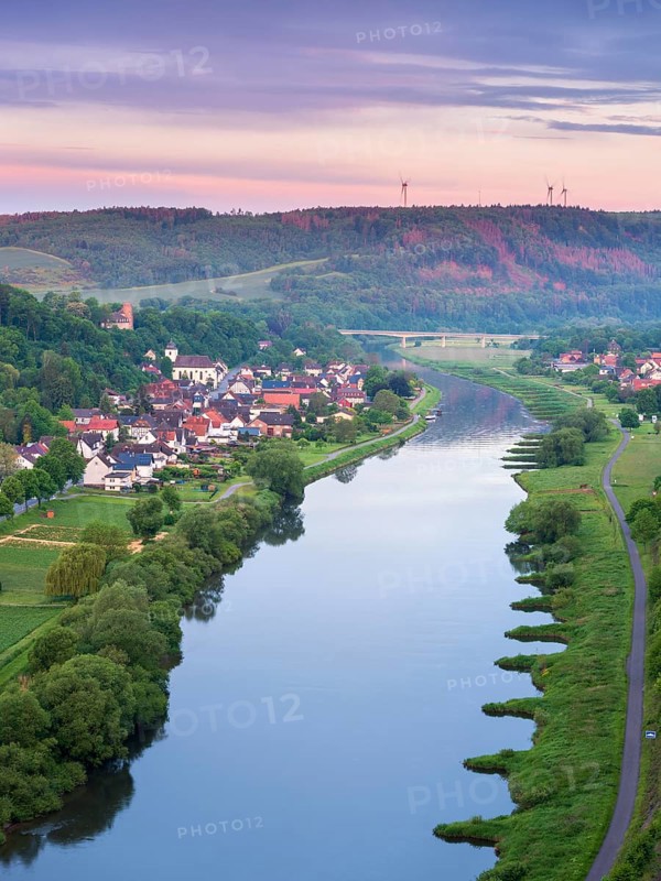 View from the Weser Skywalk towards Herstelle and Würgassen at dawn at dusk, Beverungen, Höxter, East Westphalia, Weser Hills, North Rhine-Westphalia, Germany