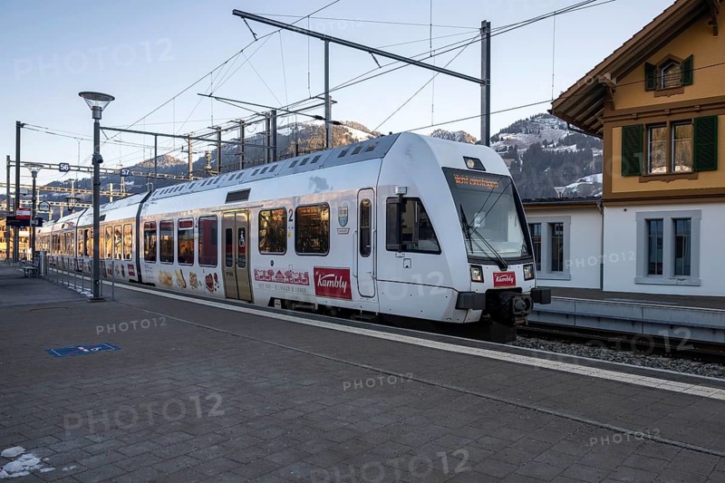 BLS passenger train with Kambly advertising, Zweisimmen, Switzerland