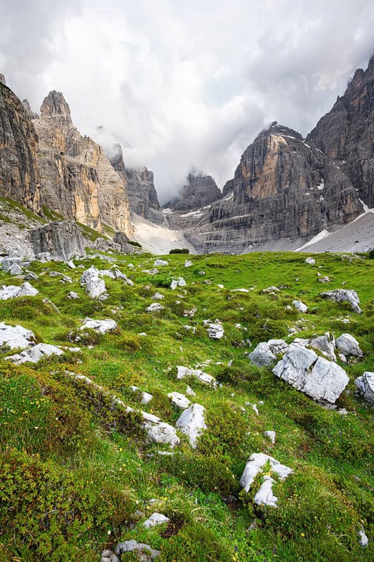 Cliffs and pinnacles in fog, Brenta Mountains, Brenta-Adamello Natural Park, Trentino, Italy