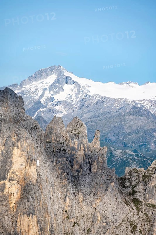 Adamello mountain peak with glacier, in front Brenta Mountains, Brenta-Adamello Natural Park, Trentino, Italy