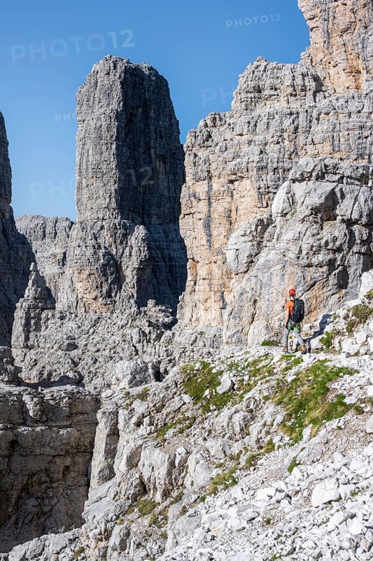 Mountaineers on the Bocchette Centrale band trail, via ferrata in the Brenta Mountains, Brenta-Adamello Natural Park, Trentino, Italy