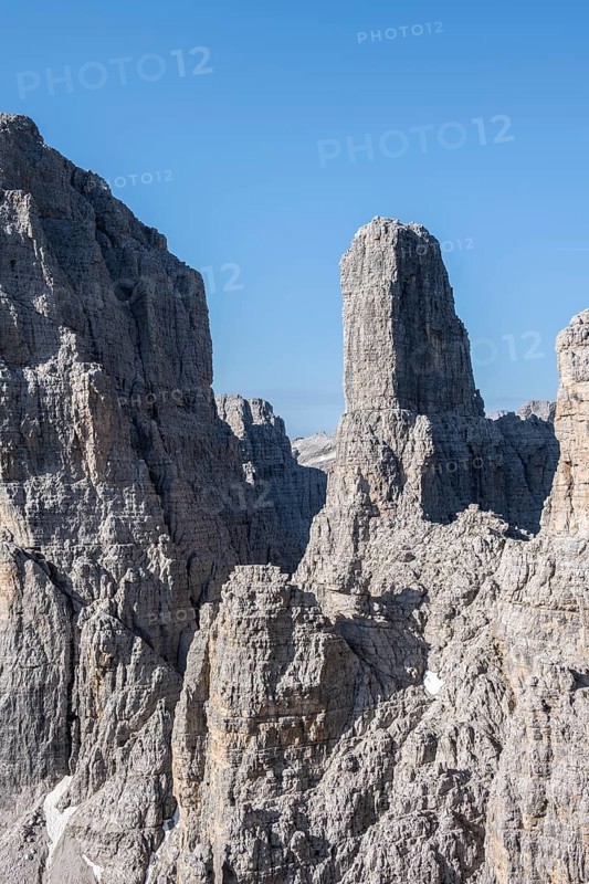 Campanile Alto pinnacle, Bocchette Centrale band trail, via ferrata in the Brenta Mountains, Brenta-Adamello Natural Park, Trentino, Italy
