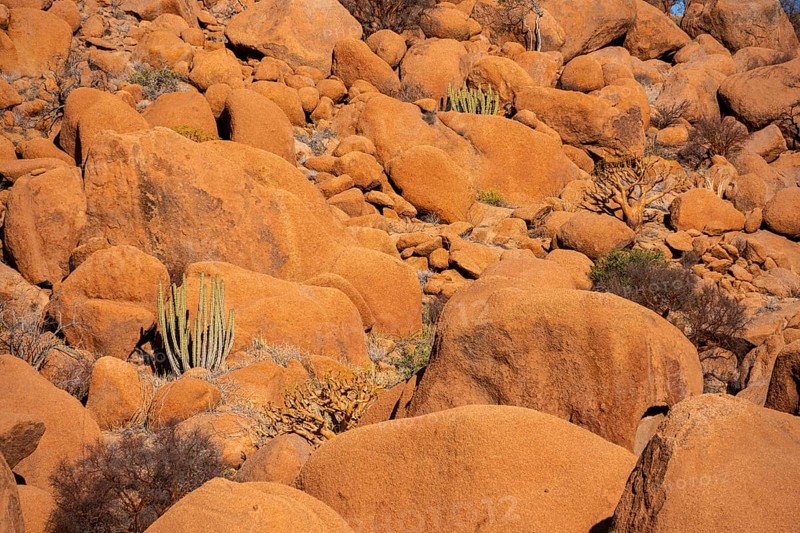 Cluster of bright orange rocks in the barren landscape of Spitzkoppe, Spitzkoppe, Namibia