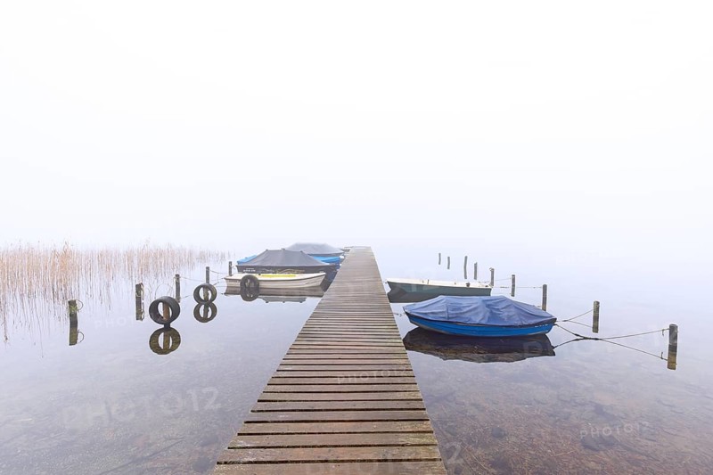 Rowing boats / rowboats moored to wooden jetty at Lake Ratzeburg / Ratzeburger See in mist, Lauenburg Lakes Nature Park, Schleswig-Holstein, Germany