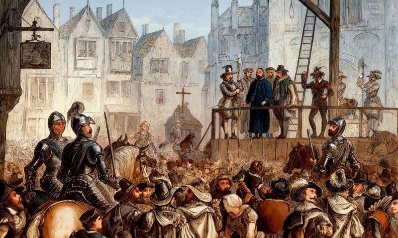 Execution of Henry Garnet or Garnett, 1555-1606, an English Jesuit priest, executed near St Paul's Cathedral, for his complicity in the Gunpowder Plot of 1605, London, England, United Kingdom