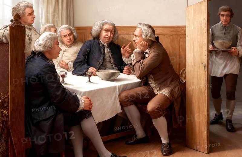 The Literary Club members, British lexicographer and writer Dr Samuel Johnson, 1709-1784, at the Mitre Tavern, London, 18th century, England, United Kingdom