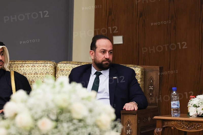 In Damascus, Syria on February 5, 2026, Syrian Foreign Minister Assad al-Shaibani meets with the Saudi Minister of Culture, Prince Badr bin Abdullah bin Farhan Al Saud, on the sidelines of the Damascus International Book Fair opening. The meeting highlights the strengthening of Syrian-Saudi diplomatic and cultural relations, Damascus, Damascus, Syria