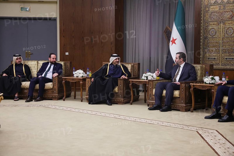 In Damascus, Syria on February 5, 2026, Syrian Foreign Minister Assad al-Shaibani meets with the Saudi Minister of Culture, Prince Badr bin Abdullah bin Farhan Al Saud, on the sidelines of the Damascus International Book Fair opening. The meeting highlights the strengthening of Syrian-Saudi diplomatic and cultural relations, Damascus, Damascus, Syria