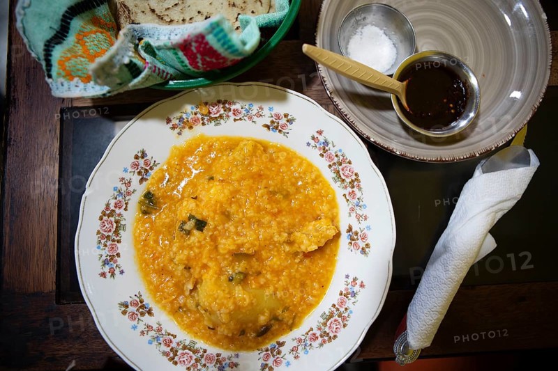 Traditional dish, rice soup with chicken and tortillas, Coban, Alta Verapaz Department, Guatemala