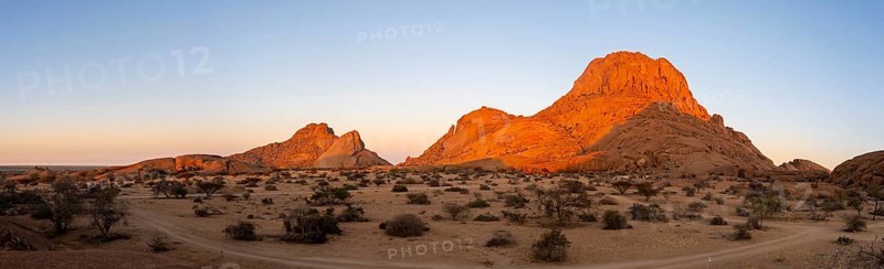 Wide panoramic view of the rock formations of Spitzkoppe in the Namibian desert, Spitzkoppe, Namibia