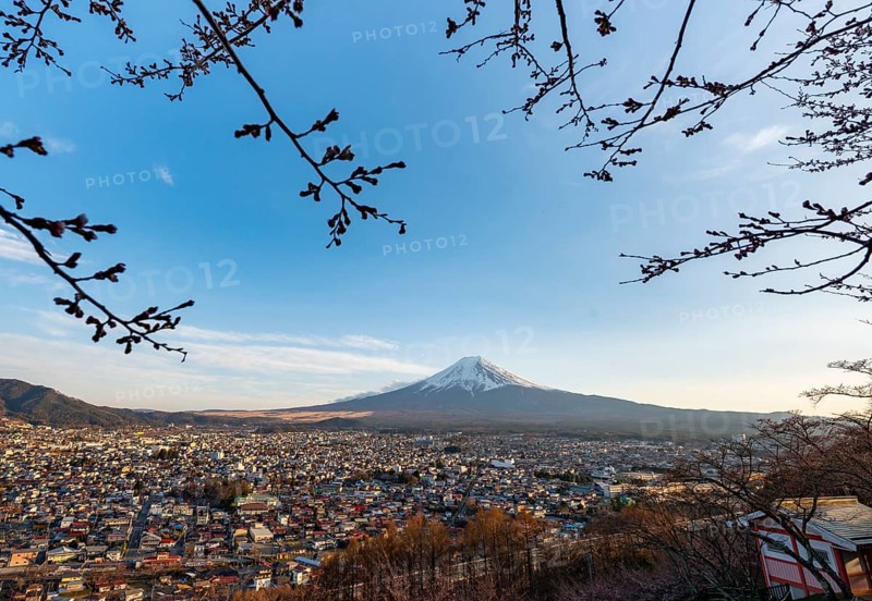 View of Mount Fuji volcano over Fujiyoshida City in evening light, at sunset, Arakurayama Sengen Park, Yamanashi Prefecture, Japan