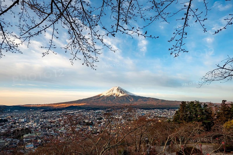 View of Mount Fuji volcano over Fujiyoshida City in morning light, at sunrise, Arakurayama Sengen Park, Yamanashi Prefecture, Japan