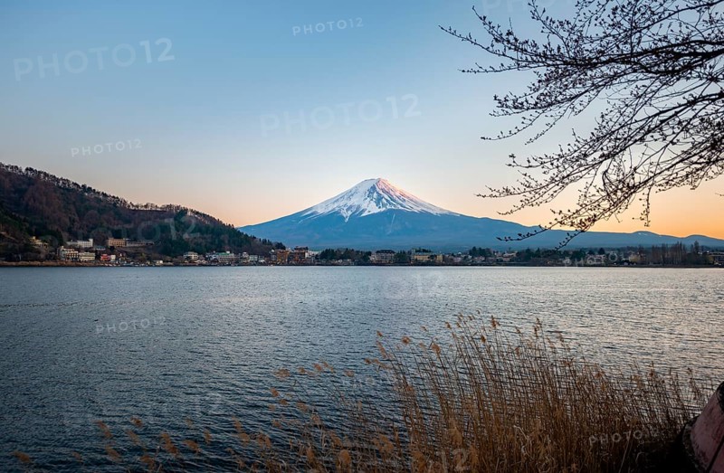 Lake Kawaguchi, view of Mount Fuji volcano at sunset, Yamanashi Prefecture, Japan