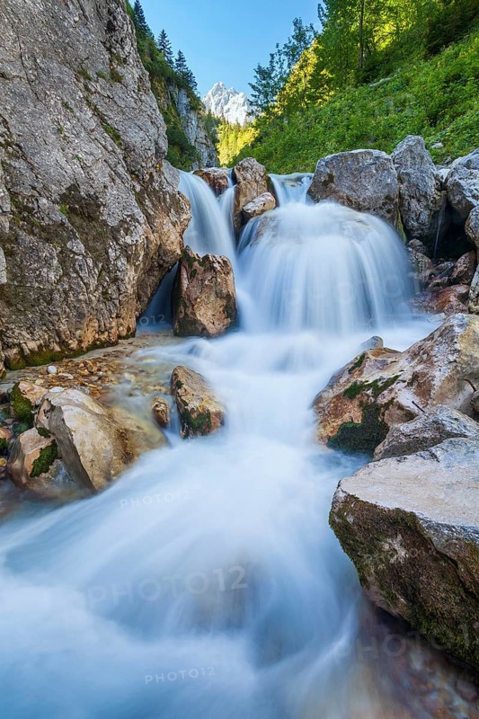 Waterfall of the Hammersbach mountain stream in the Höllentalklamm, Höllental, near Grainau, Garmisch-Partenkirchen, Bavaria, Germany