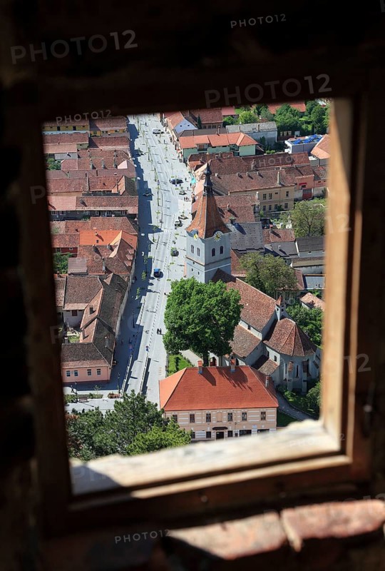 View from above of the town of Rasnov, Rosenau, in the Transylvania region of Romania