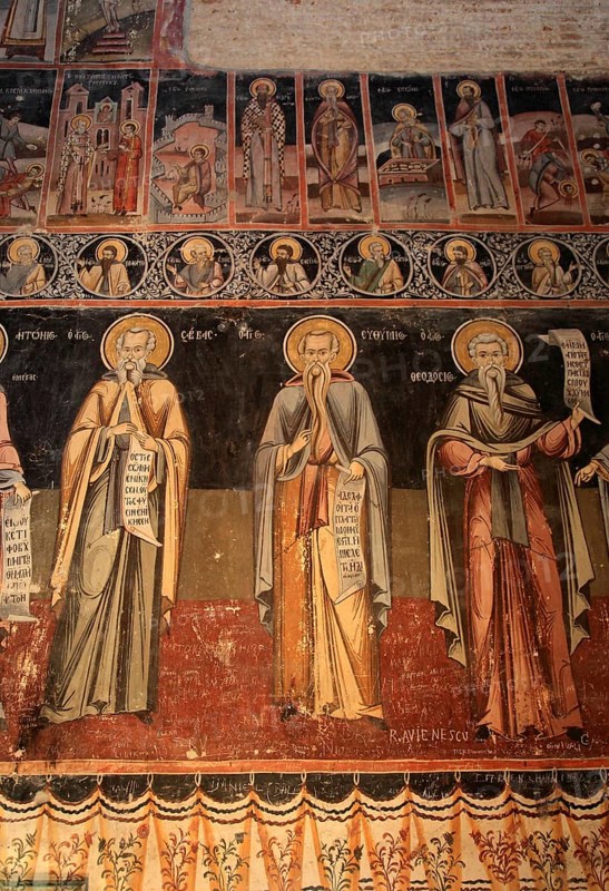 Votive panel, donor painting, in the Great Church of the Princes, Biserica Mare Domneasca, The fresco shows a series of Wallachian rulers, voivodes. The identifiable figures include Petru Cercel (the builder of the church) and Constantin Brâncoveanuin, Târgoviste, Romania
