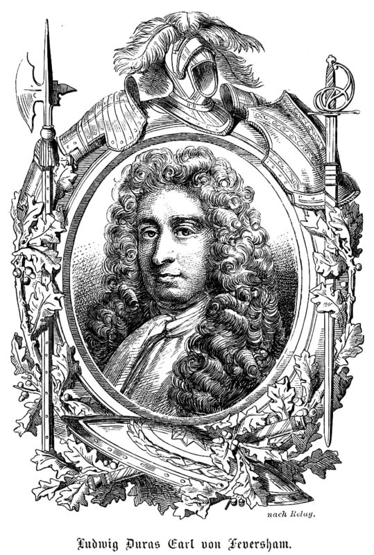 Louis de Duras or Lewis Duras 2nd Earl of Feversham (c. 1641 - 1709) Count, portrait, colonel in the English army, born in the Kingdom of France, ambassador of England in France, Marquis de Blanquefort, politician, diplomat, symbols, pen, helmet, sword, halberd, knight, historical illustration 1863