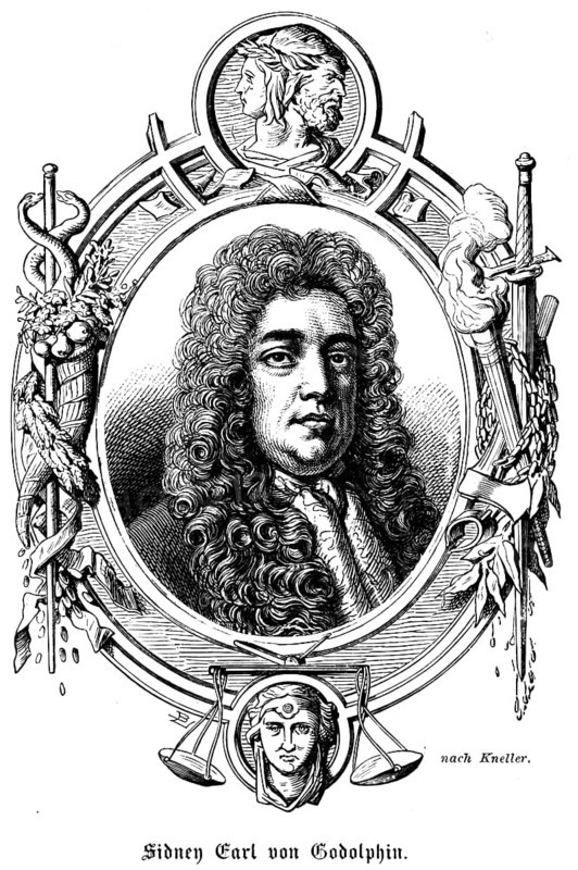 Sidney First Earl of Godolphin (1645 - 1712), Earl, portrait, Member of Parliament, Parliamentarian, Kingdom of England, First Lord of the Treasury, Treasurer of the Government, Chamberlain to Queen Mary of Modena, symbols, Janus head, two faces, torch, sword, heraldry, historical illustration 1863