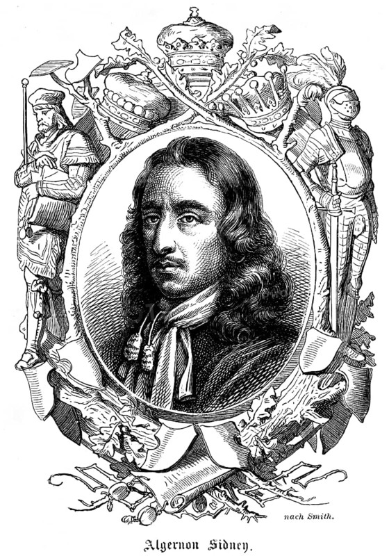Algernon Sidney or Sydney (1623 - 1683) Kingdom of England, portrait, politician, opponent of the monarchy, philosopher, theorist, military rank lieutenant colonel, ambassador, member of the 20 year long English Parliament, Long Parliament, symbols, knight with sword, armour, seal, historical illustration 1863