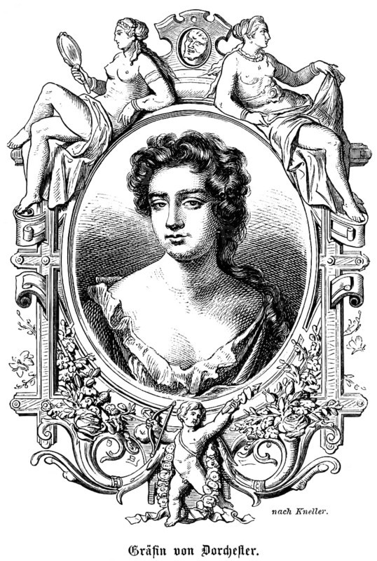 Countess of Dorchester and Portmore, Countess (1657 - 1717) Portrait, mistress of King James II of England, praised for her wisdom and sharp tongue, symbols, two woman, naked upper body, hand mirror, angel Cupid, bow and arrow, historical illustration 1863