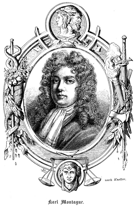 Charles Montague, 1st Earl of Halifax (1661 - 1715) Kingdom of England, Lord High Treasurer, Lord High Treasurer under King William III and Queen Anne, government, portrait, symbols, Janus head, two faces, torch, sword, heraldry, historical illustration 1863