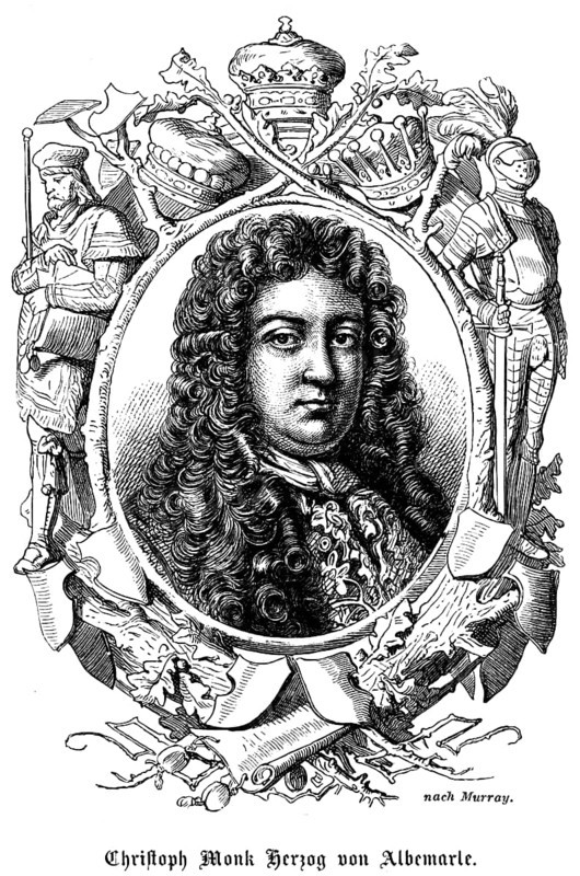 Christopher Monk 2nd Duke of Albemarle, Second Duke of Abermarle (1653 - 1688) and Earl of Torrington, Earl, Kingdom of England, portrait, first member of the House of Commons, then of the House of Lords, Governor of Jamaica, symbols, knight with sword, armour, seal, historical illustration 1863