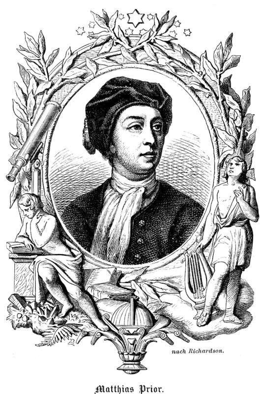 Matthew Prior (1664 -1721) Kingdom of England, portrait, diplomat, Secretary of State for Ireland, poet, member of the English Parliament, ornaments, stars, harp, reading a book, telescope, leaves, historical illustration 1863