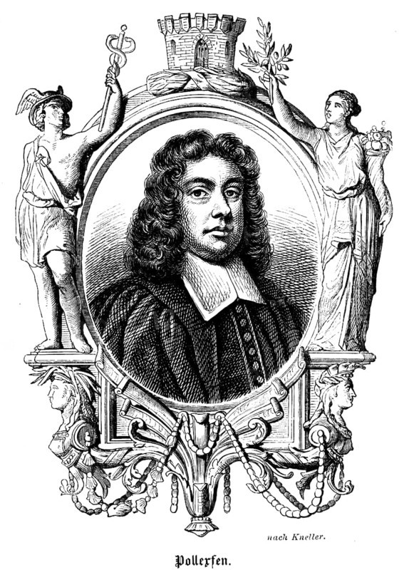 Sir Henry Pollexfen (1632 - 1691), Kingdom of England, portrait, lawyer, member of the English Parliament, ornamentation, defence defence tower, woman with olive branch, man with snake staff, historical illustration 1863