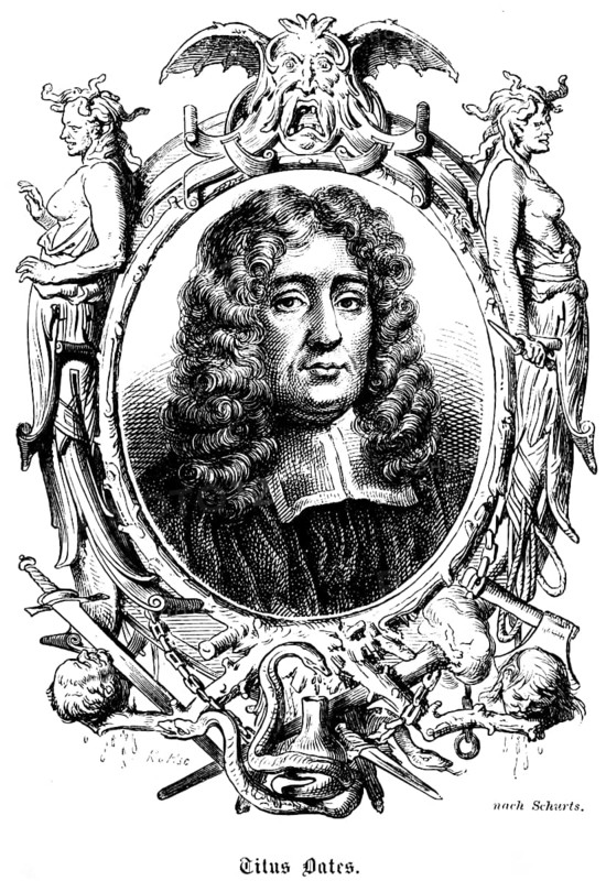 Titus Oates (1649 - 1705) Catholic priest, Kingdom of England, portrait conspiracy against King Charles II, prison and corporal punishment, torture as punishment, symbols, ghastly figures, sword, dagger, heads, historical illustration 1863